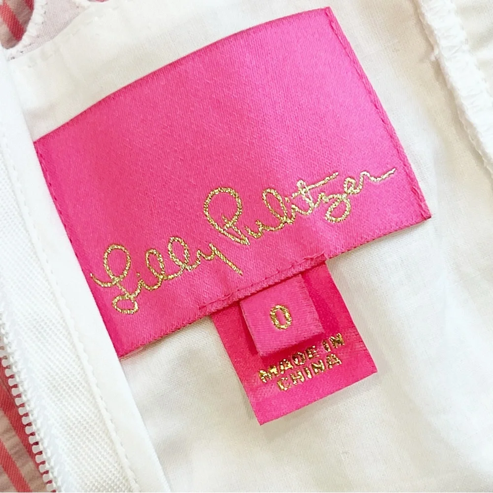 Lilly Pulitzer Maya Shift Dress Pink Tropics Seersucker Eyelet Ruffled Lace Sz 0 - Picture 9 of 10